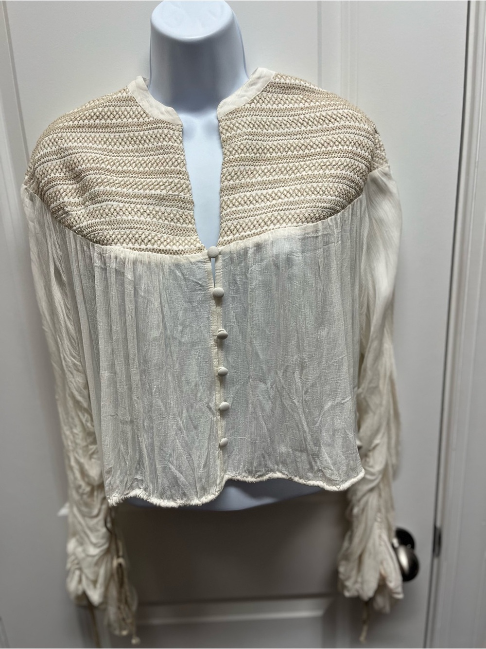 Free People Ivory Boho Embroidered Button Front Top Blouse Festival cottagecore